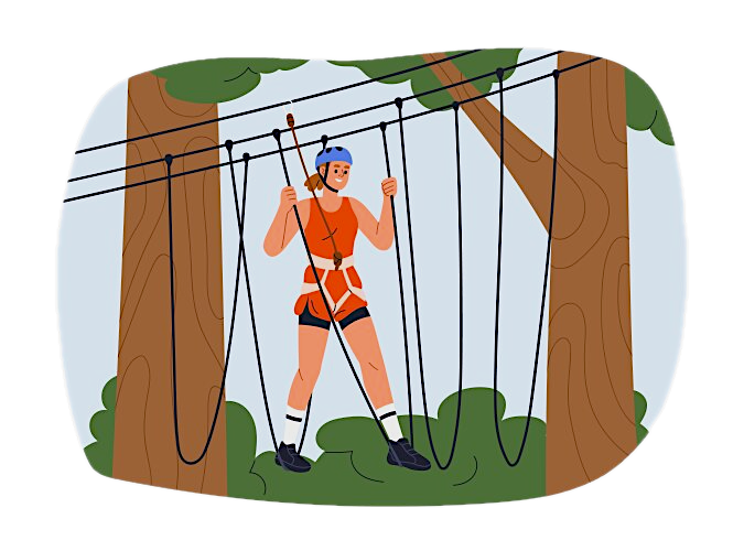 Personaje cruzando un puente en un ropes course